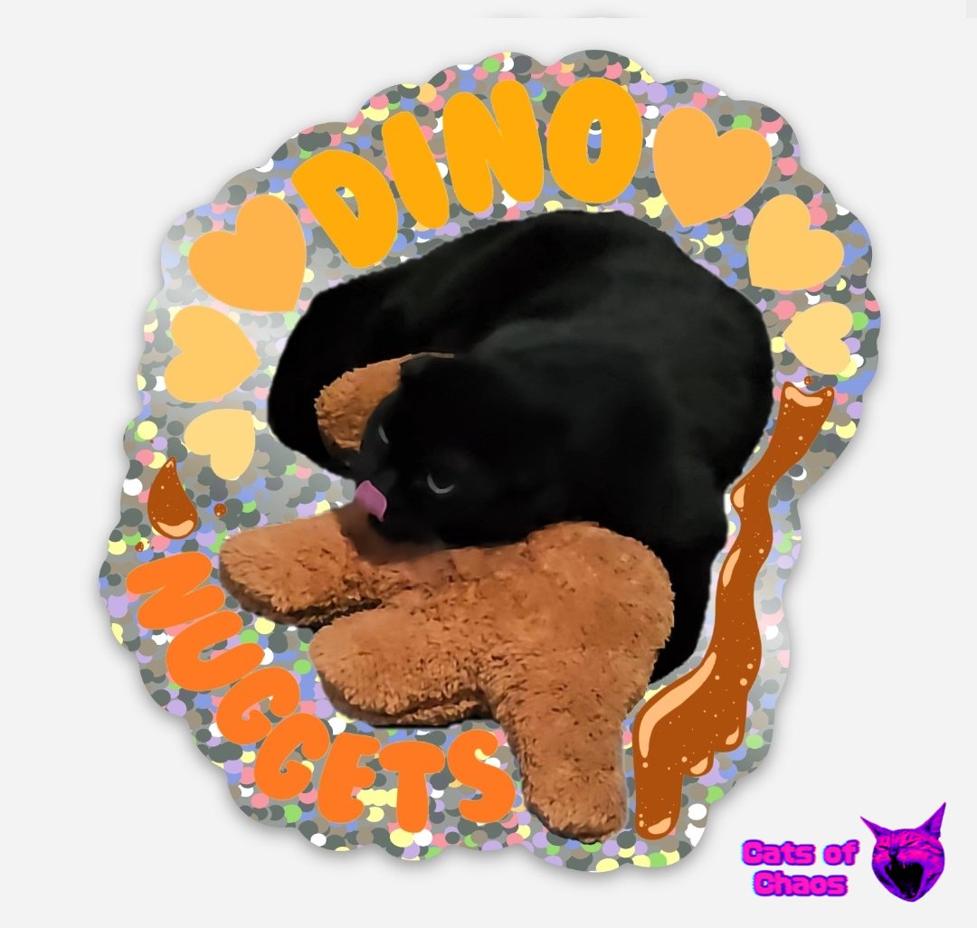 Black Cat Loves Dino Nuggets Sticker - Cats of Chaos
