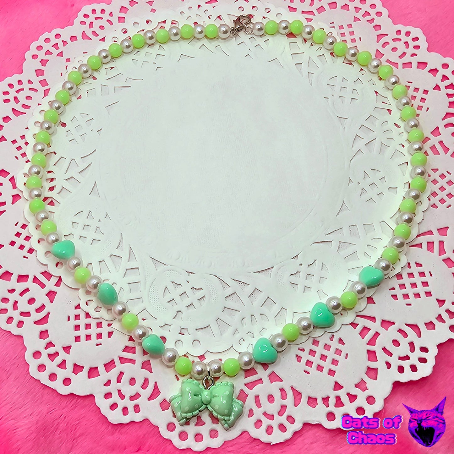 Minty Lolita Bow Fake Pearl and Heart Beads Necklace - Cats of Chaos