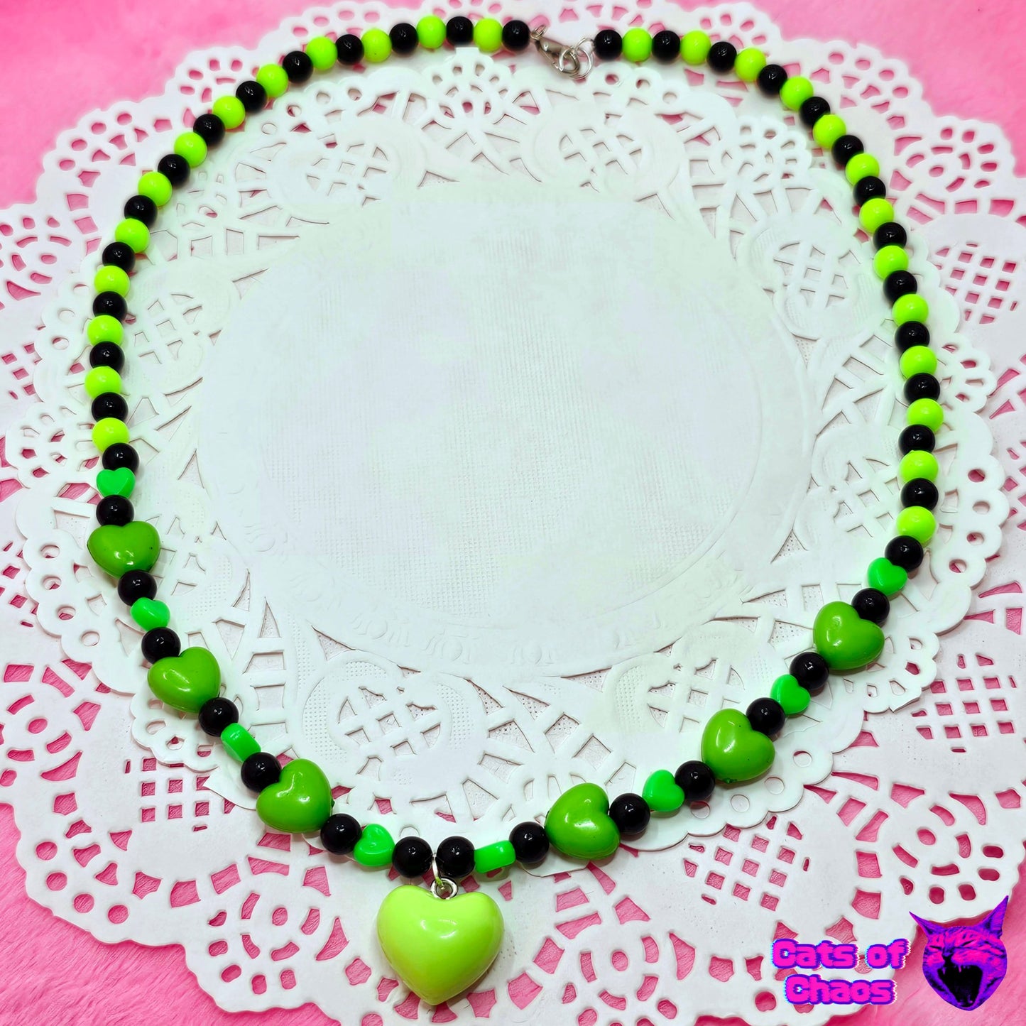 Necklace Neon Green Heart and Black Beads - Cats of Chaos