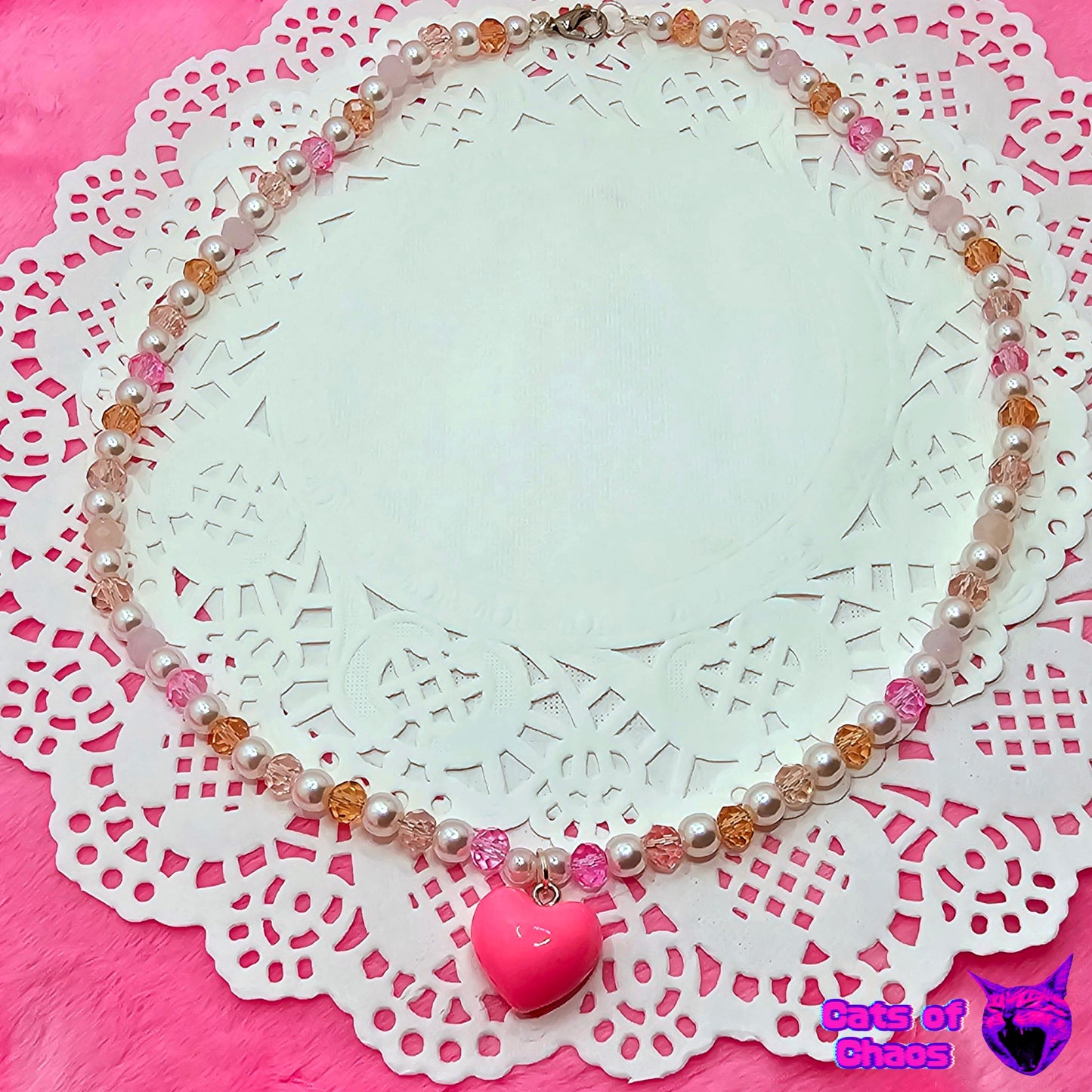 Sweet Lolita Pink Pearl and Crystal Heart Necklace - Cats of Chaos