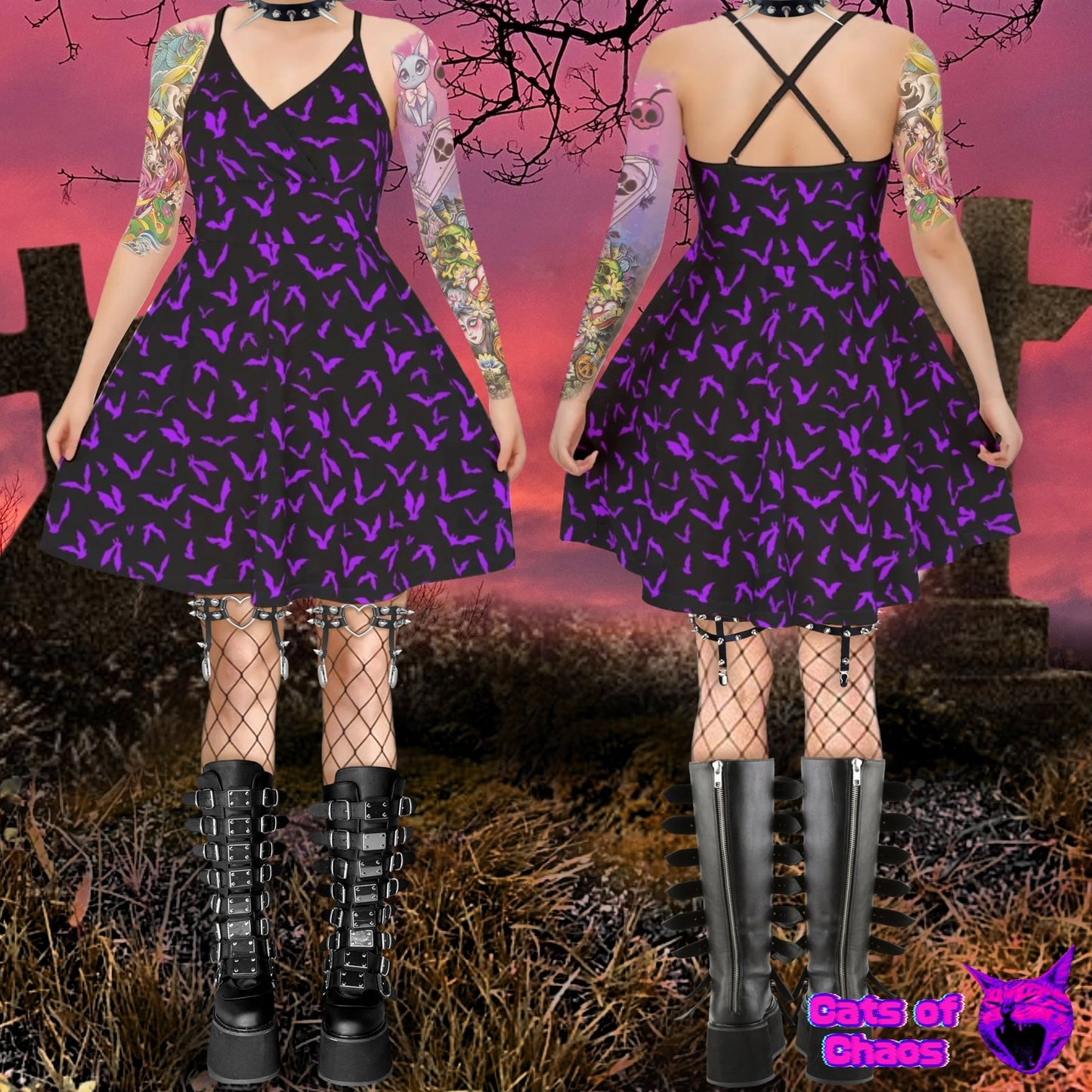All - Over Print Bats Cross Cami Skater Dress - Cats of Chaos