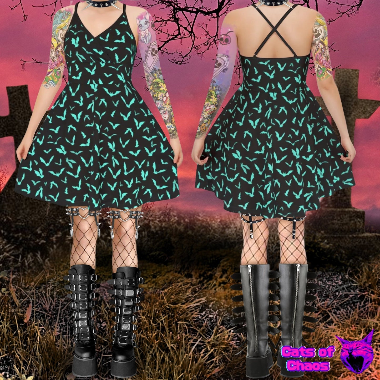 All - Over Print Bats Cross Cami Skater Dress - Cats of Chaos