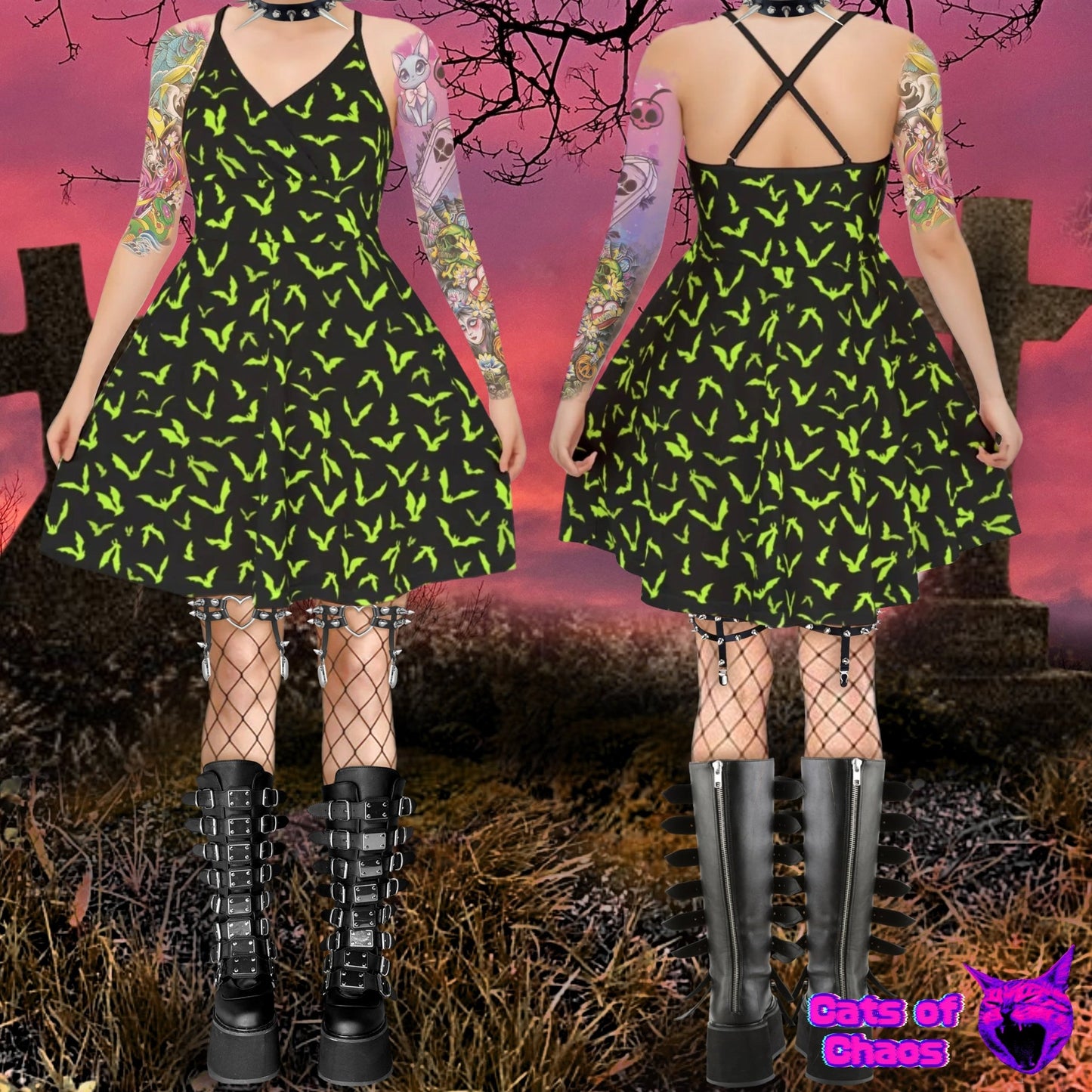 All - Over Print Bats Cross Cami Skater Dress - Cats of Chaos