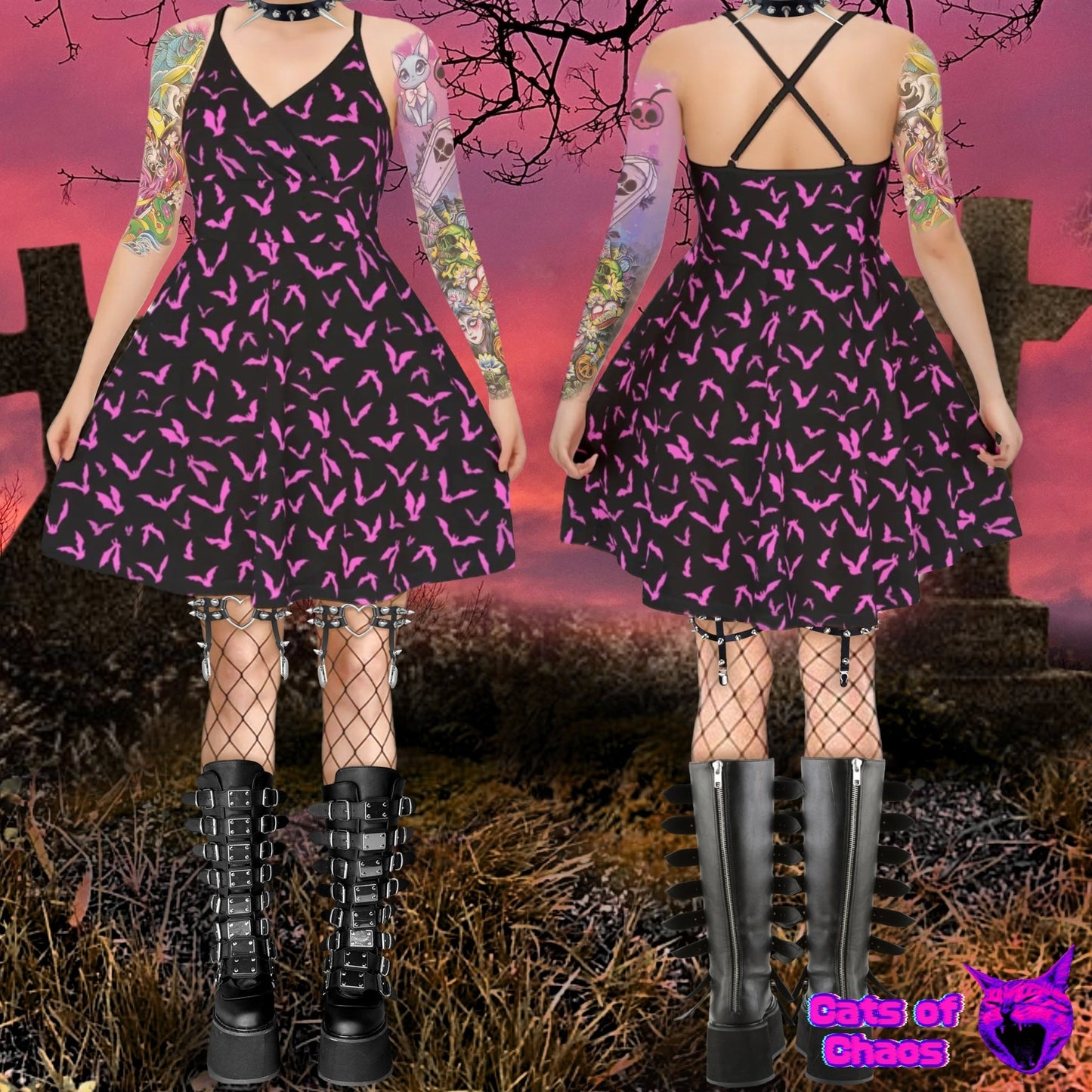 All - Over Print Bats Cross Cami Skater Dress - Cats of Chaos