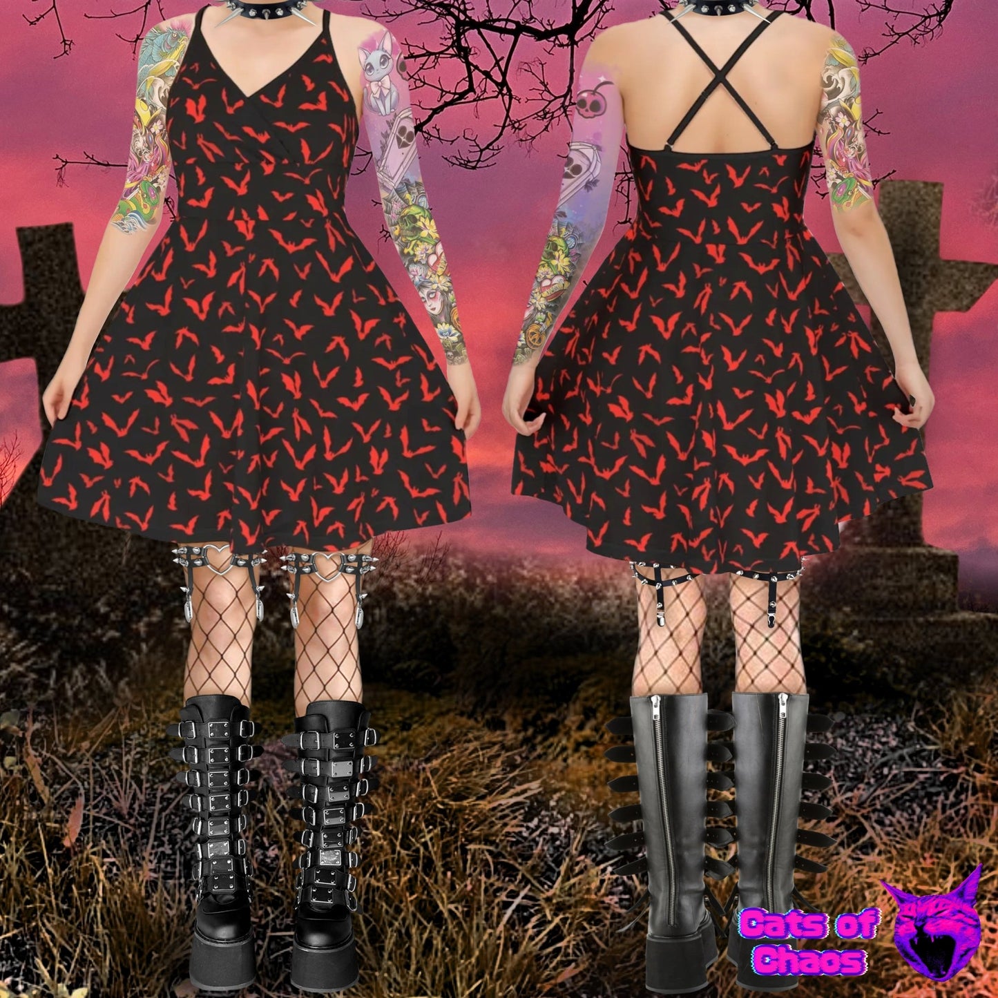 All - Over Print Bats Cross Cami Skater Dress - Cats of Chaos