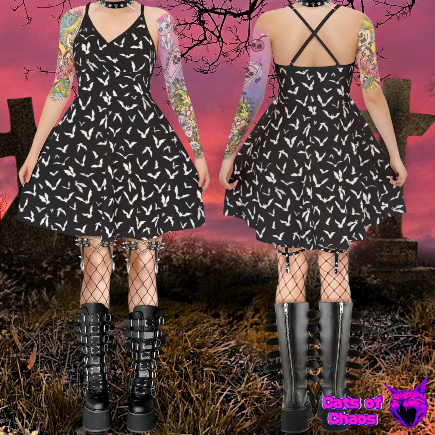 All - Over Print Bats Cross Cami Skater Dress - Cats of Chaos