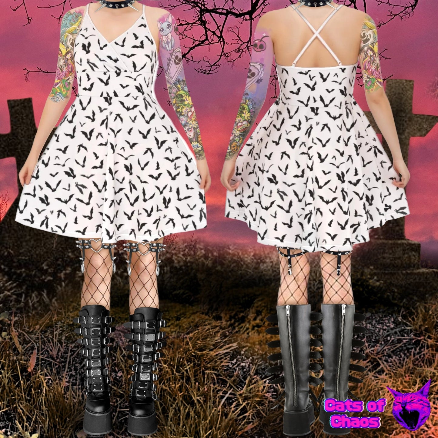 All - Over Print Bats Cross Cami Skater Dress - Cats of Chaos