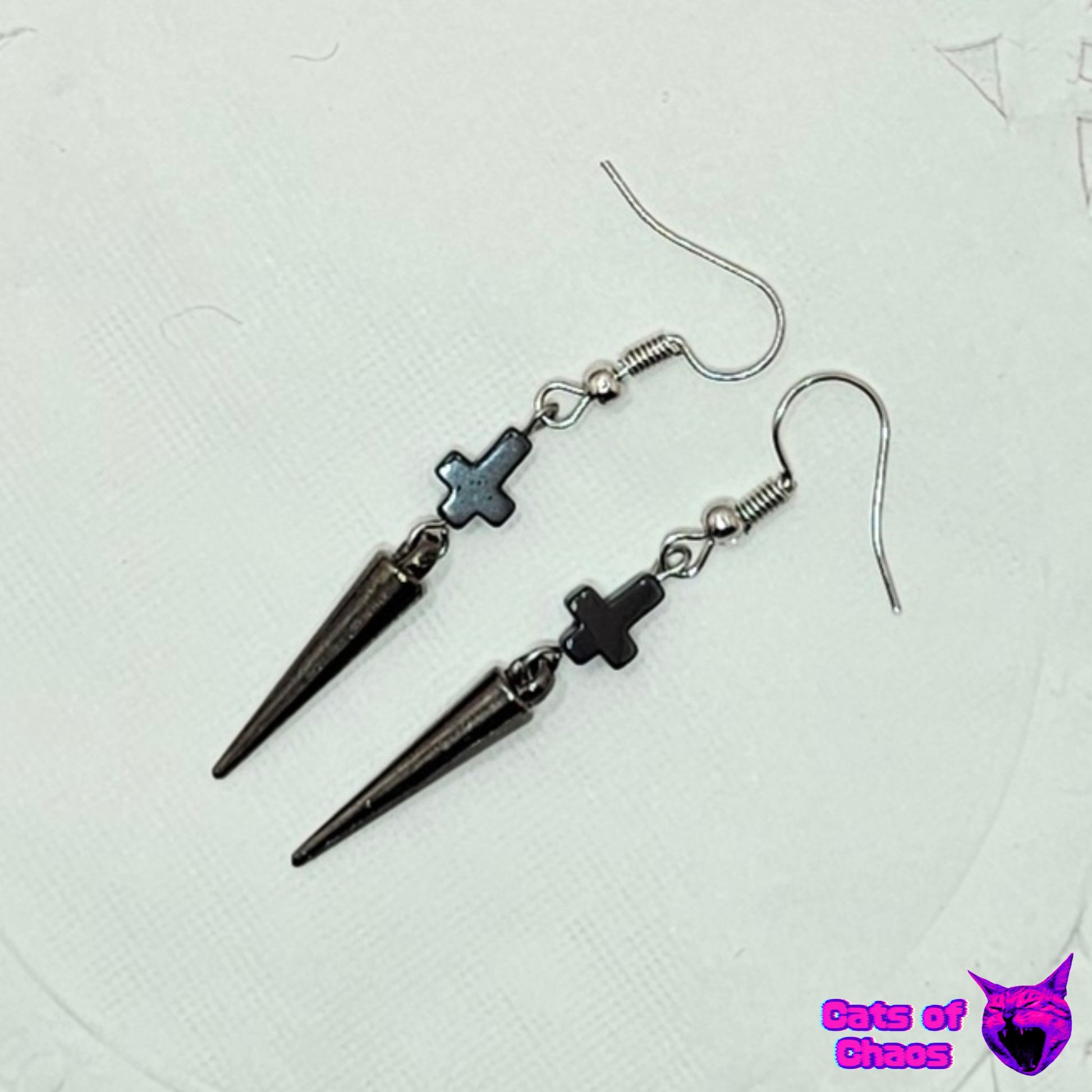Earrings Inverted Cross and Spike Gothic - Cats of Chaos