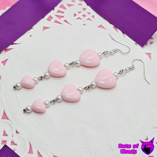 Earrings Triple Heart Pastel Pink and Pearl - Cats of Chaos