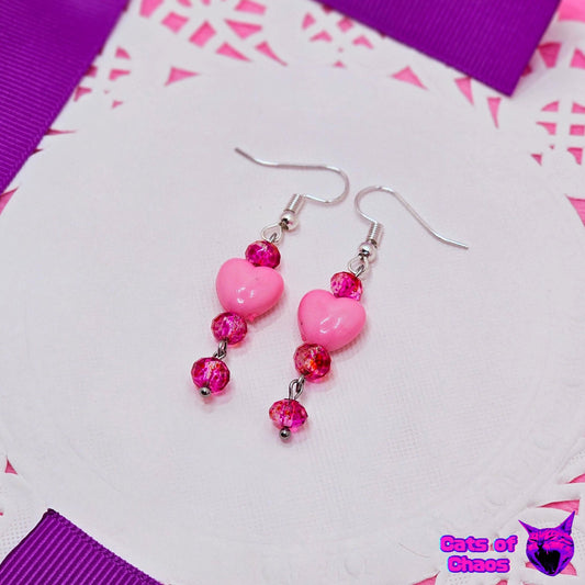 Heart and Transparent Hot Pink Beads Earrings - Cats of Chaos