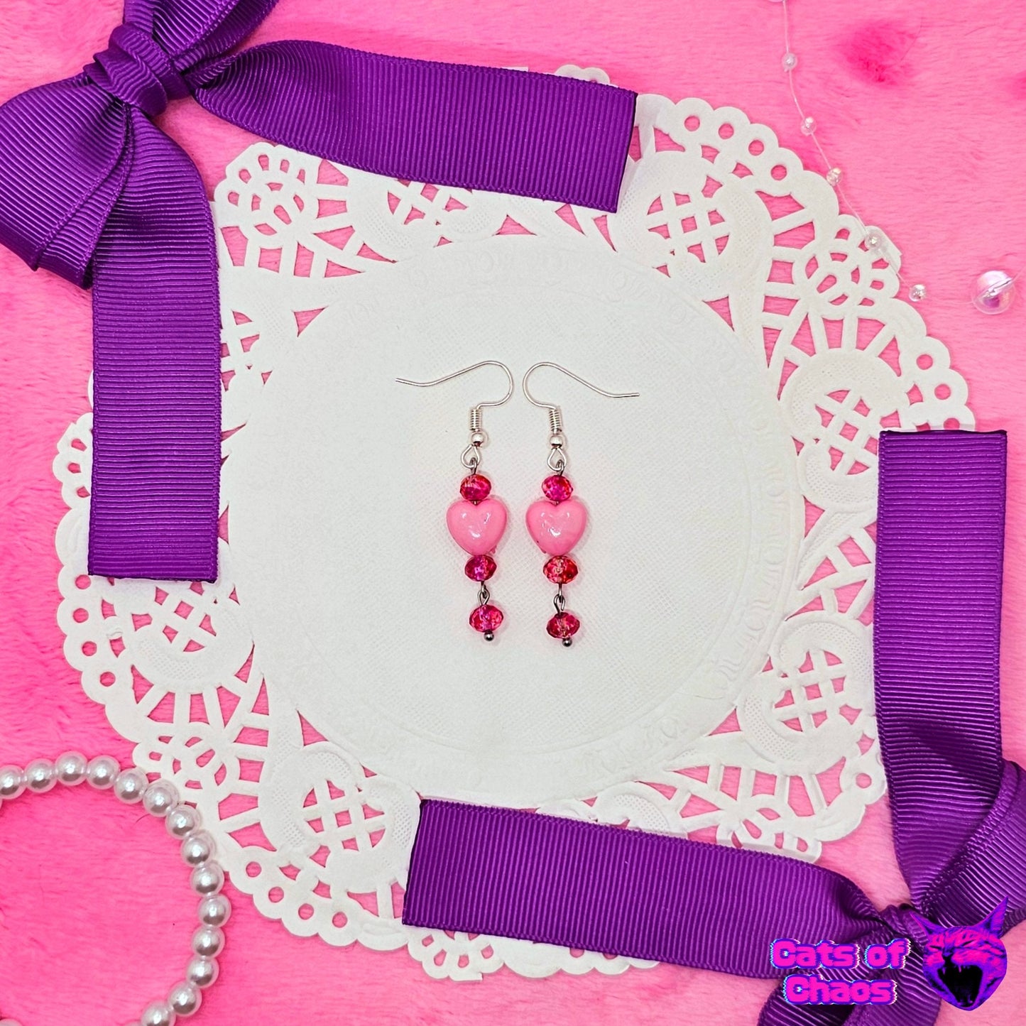 Heart and Transparent Hot Pink Beads Earrings - Cats of Chaos