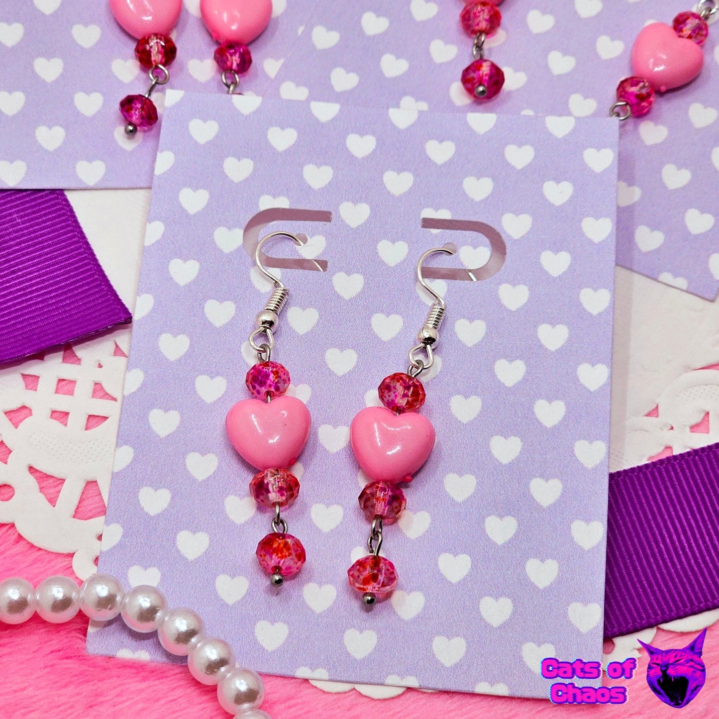 Heart and Transparent Hot Pink Beads Earrings - Cats of Chaos