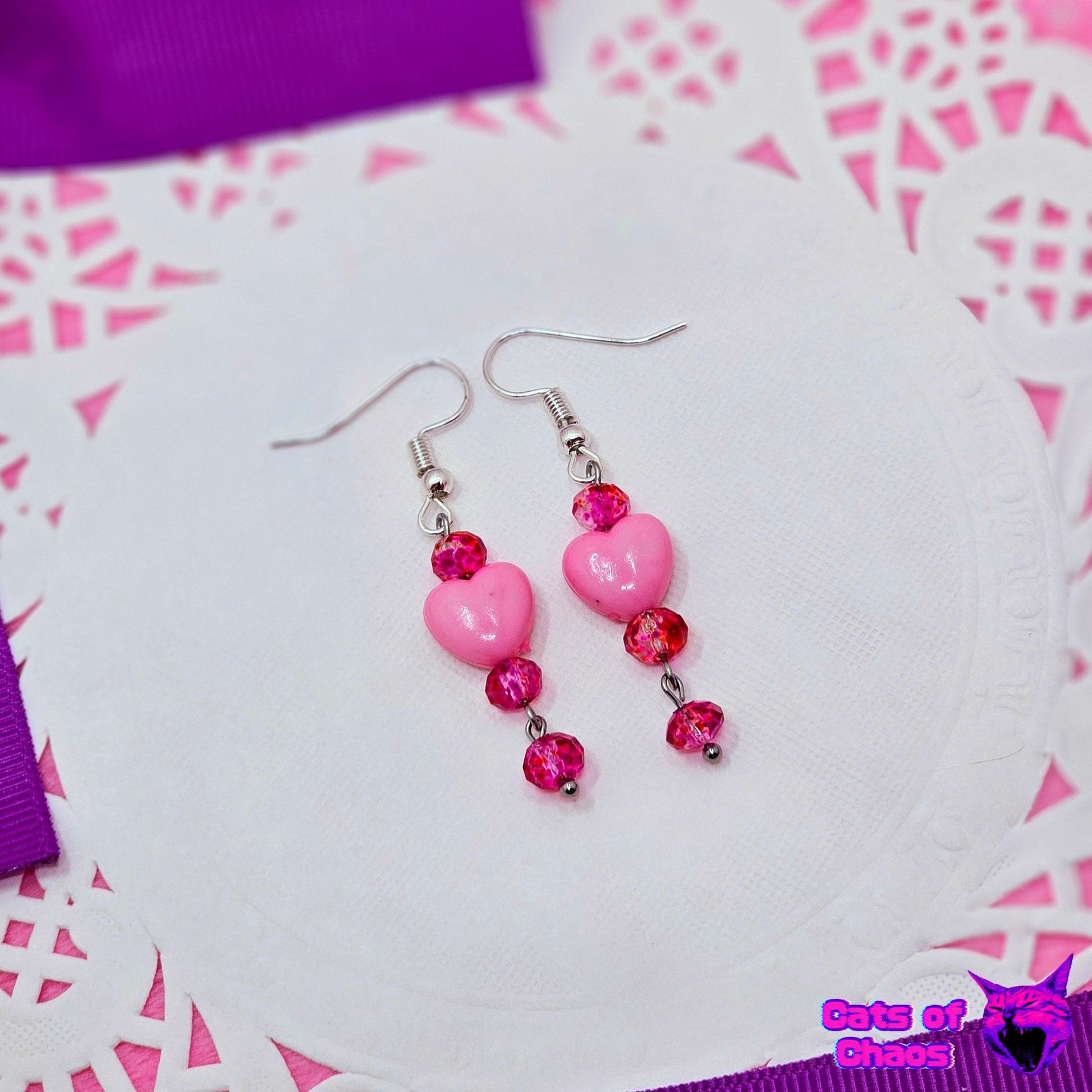 Heart and Transparent Hot Pink Beads Earrings - Cats of Chaos
