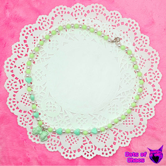 Minty Lolita Bow Fake Pearl and Heart Beads Necklace - Cats of Chaos
