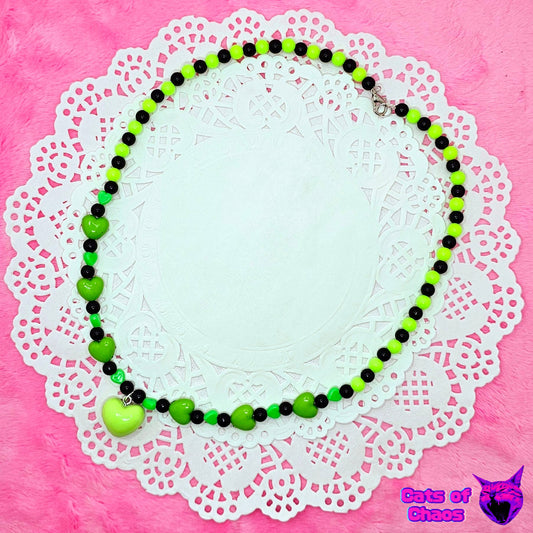 Necklace Neon Green Heart and Black Beads - Cats of Chaos