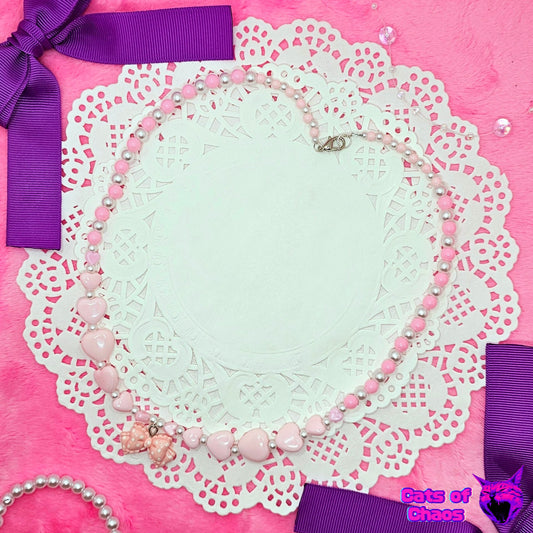 Pastel Pink Lolita Bow Charm Heart and Fake Pearl Beads Necklace - Cats of Chaos