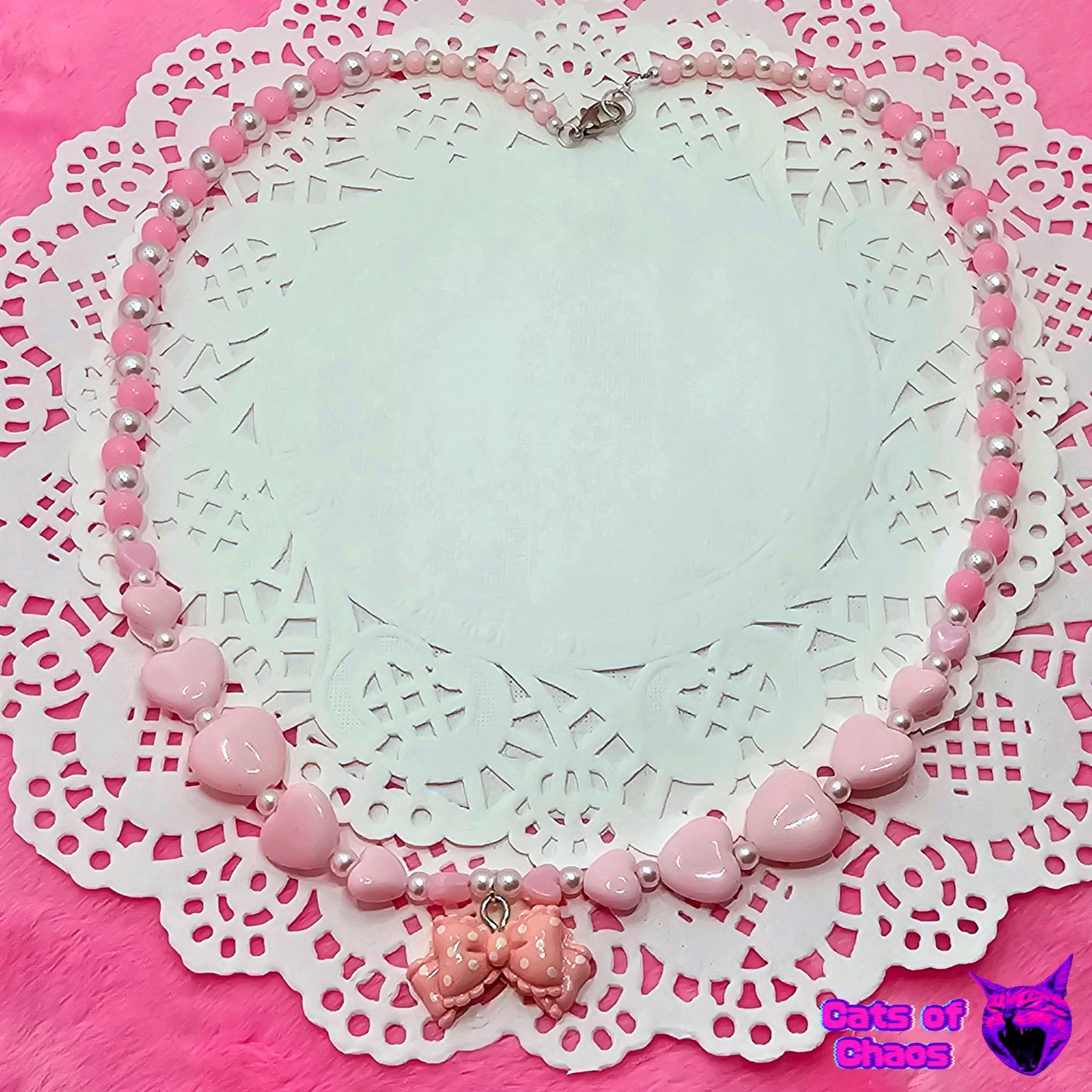 Pastel Pink Lolita Bow Charm Heart and Fake Pearl Beads Necklace - Cats of Chaos