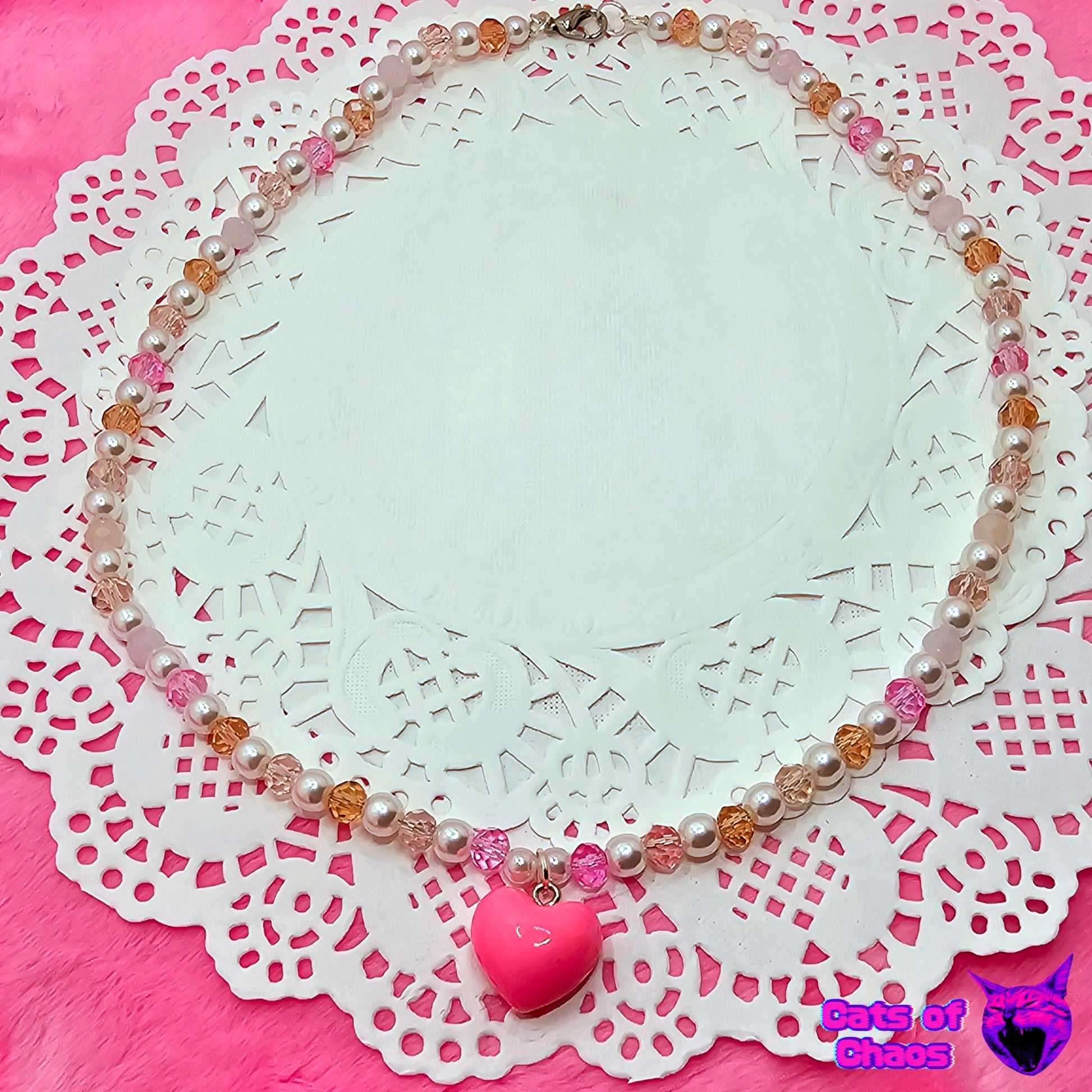 Sweet Lolita Pink Pearl and Crystal Heart Necklace - Cats of Chaos