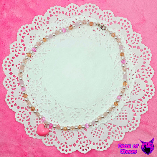 Sweet Lolita Pink Pearl and Crystal Heart Necklace - Cats of Chaos